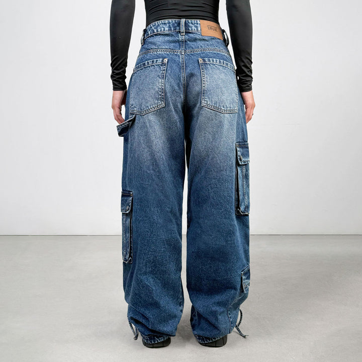 Cargo Multi-Pocket Denim Pants - Deep Blue