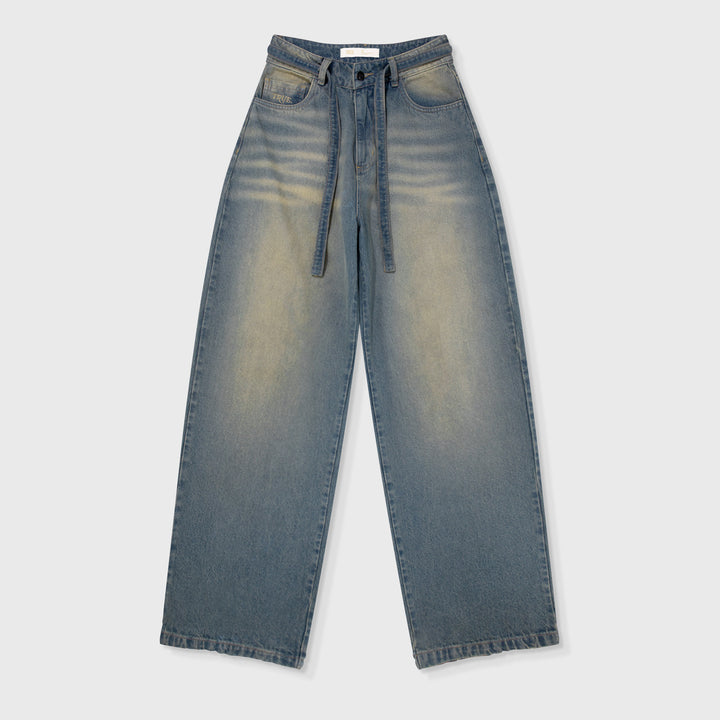 Dirty-Wash Wide-Leg Jeans - Dark Blue