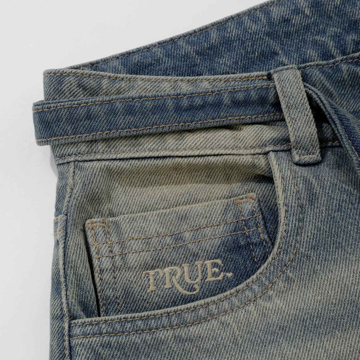 Dirty-Wash Wide-Leg Jeans - Dark Blue