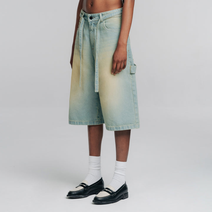 Dirty-Wash Wide-Leg Jorts - Blue