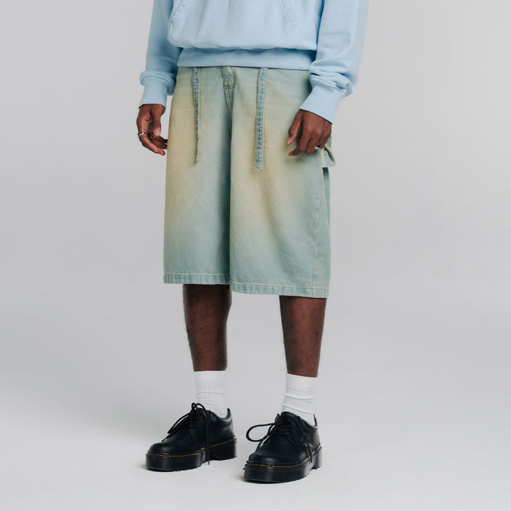 Dirty-Wash Wide-Leg Jorts - Blue