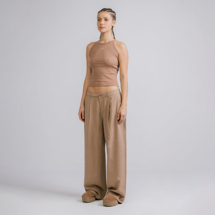 High Neck Ribbed Top - Brown
