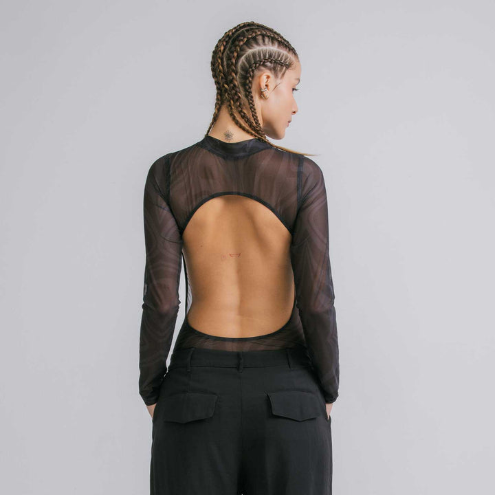 Mesh Printed Bodysuit - Black