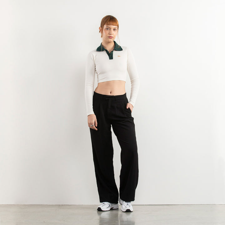 Polo-Neck LS Crop Top - Ivory