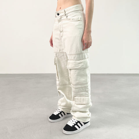 Straight Denim Cargo Pants - Ivory